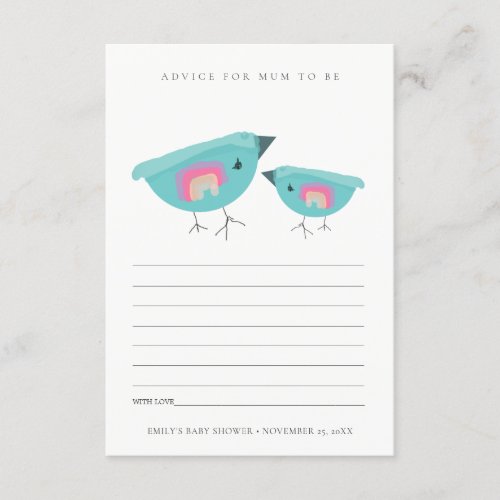 Cute Rainbow Blue Birdy Advise Mum Baby Shower Enclosure Card