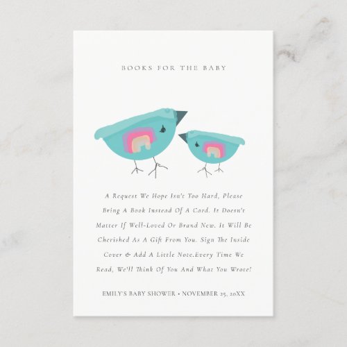 Cute Rainbow Blue Birdy Books For Baby Shower Enclosure Card