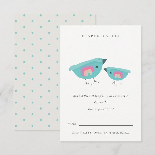 Cute Rainbow Blue Birdy Diaper Raffle Baby Shower Enclosure Card (Front/Back)