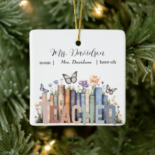 Cute Rainbow Bookshelf &amp; Books Teacher Monogram Ceramic Ornament