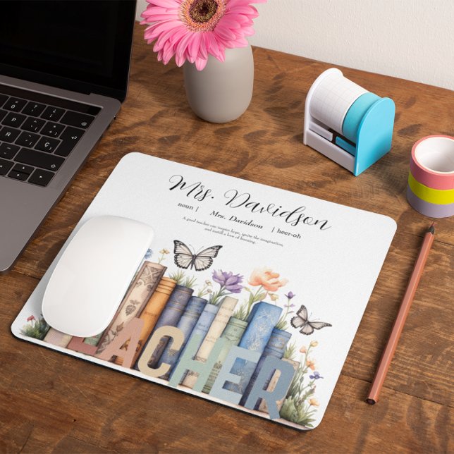 Cute Rainbow Bookshelf & Books Teacher Monogram Mouse Pad (Creator Uploaded)