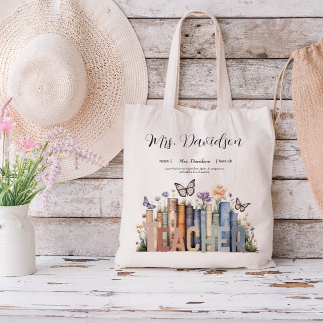 Cute Rainbow Bookshelf & Books Teacher Monogram Tote Bag (Creator Uploaded)