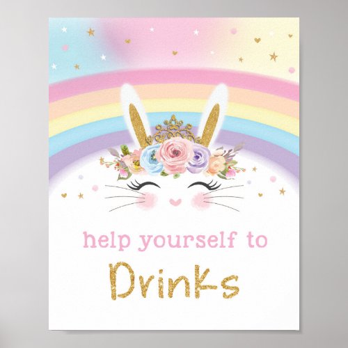 Cute Rainbow Bunny 1st Birthday Drinks Sign