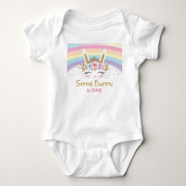 Cute Rainbow Bunny 1st Birthday Party Costume Baby Bodysuit (Front)