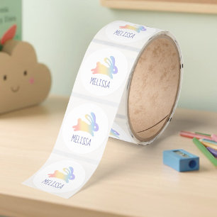 Cute Rainbow Bunny Rabbit Custom Name Classic Round Sticker