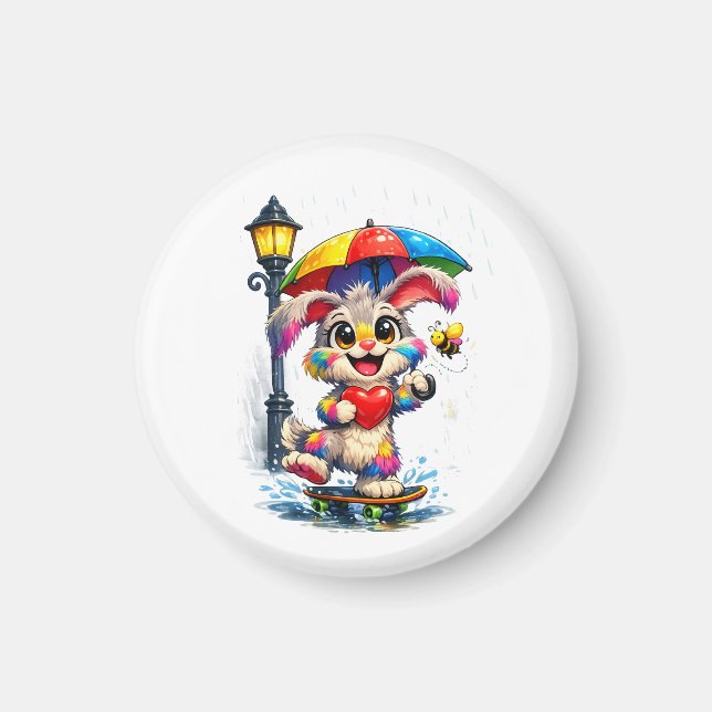 Cute Rainbow Bunny with Umbrella Design Magnet (Front)