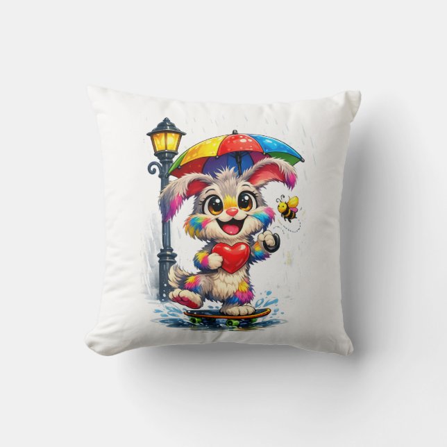 Cute Rainbow Bunny with Umbrella Design Throw Pillow (Front)