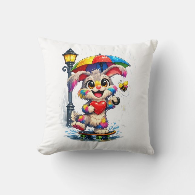 Cute Rainbow Bunny with Umbrella Design Throw Pillow (Front)