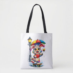 Cute Rainbow Bunny with Umbrella Design Tote Bag