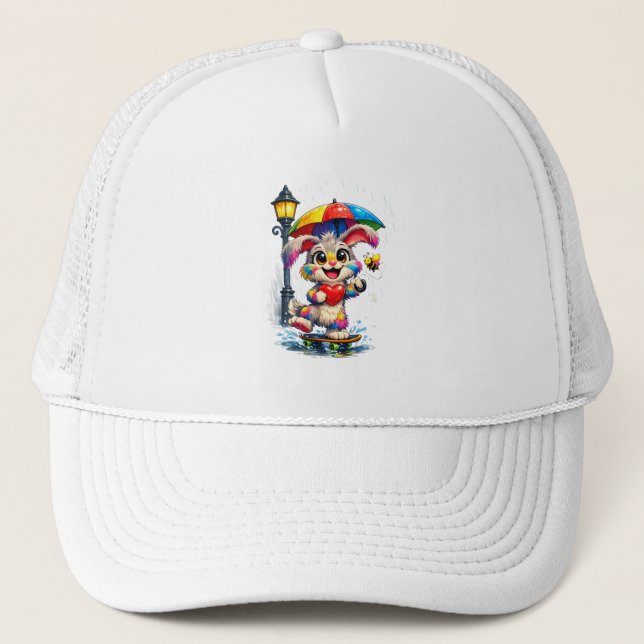 Cute Rainbow Bunny with Umbrella Design Trucker Hat (Front)