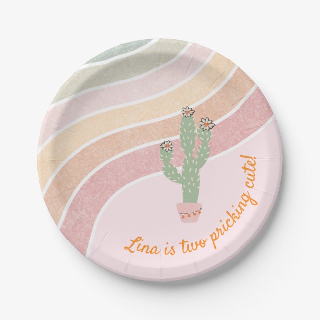 Cute Rainbow Cactus Girls Birthday  Paper Plates (Front)