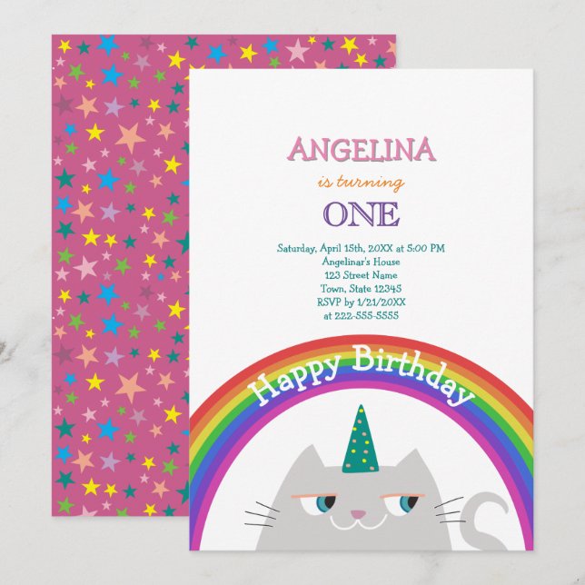 Cute Rainbow Cat 1st Birthday Invitation (Front/Back)