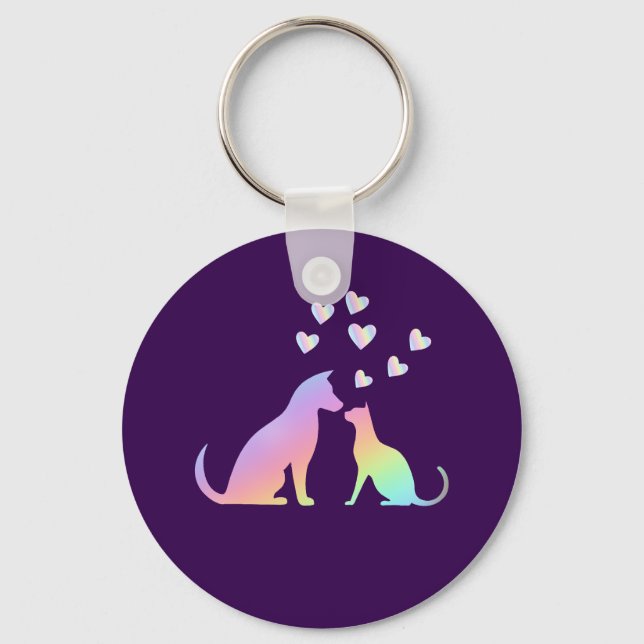 Cute Rainbow Cat and Dog Silhouette Love Purple To Keychain (Front)
