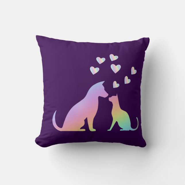 Cute Rainbow Cat and Dog Silhouette Love Purple To Throw Pillow (Front)