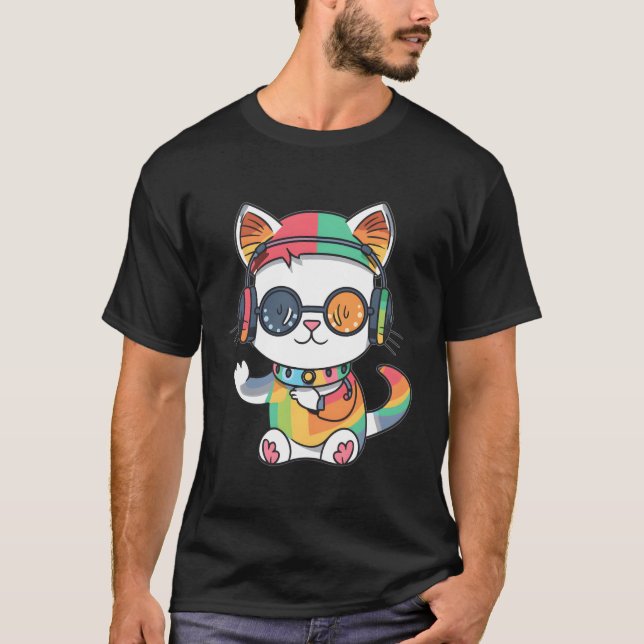 Cute Rainbow Cat Dj Techno Festival Raver T-Shirt (Front)