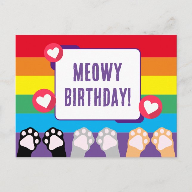 Cute Rainbow Cat Paws Up Happy Birthday Postcard (Front)