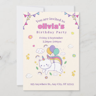 Cute Rainbow Cat Unicorn Birthday Invitation 