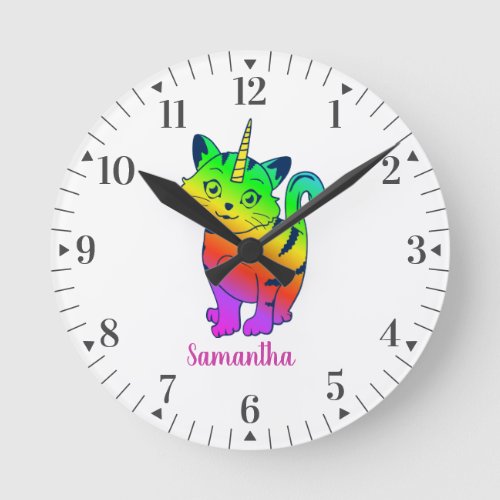 Cute Rainbow Cat Unicorn Girl Script Room Decor Round Clock