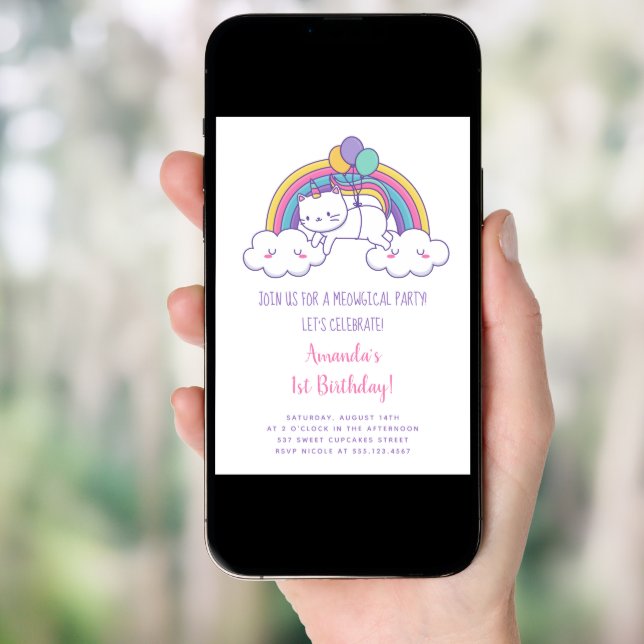 Cute Rainbow Caticorn Birthday Party Invitation (Front Digital)