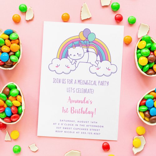 Cute Rainbow Caticorn Birthday Party Invitation