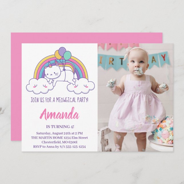 Cute Rainbow Caticorn Birthday Photo Invitation (Front/Back)