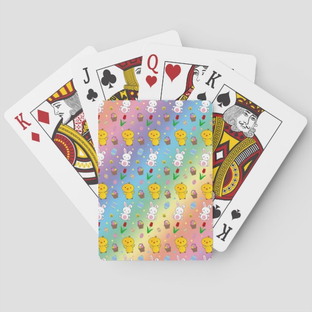Cute rainbow chick bunny egg basket easter pattern poker cards (Back)