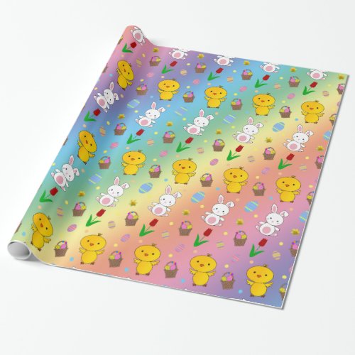 Cute rainbow chick bunny egg basket easter pattern wrapping paper