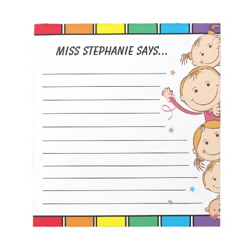 Cute Rainbow Children Waving Lined Teacher Name  Notepad