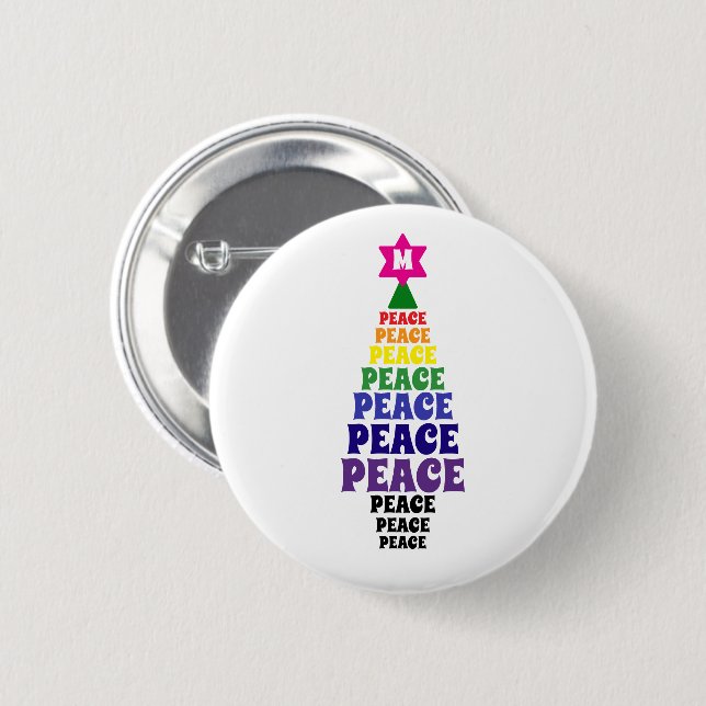 Cute Rainbow Christmas Peace Tree Add Initial Button (Front & Back)