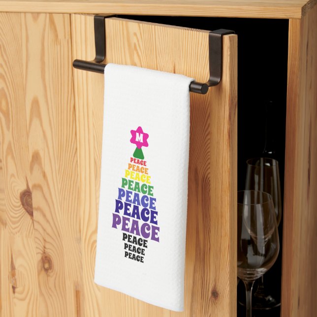 Cute Rainbow Christmas Peace Tree Add Initial Kitchen Towel (Thirds Fold)