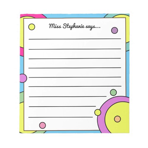 Cute Rainbow Circle Dots Lined Teacher Name  Notepad