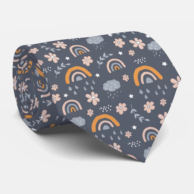 Cute rainbow cloud flower pattern neck tie (Rolled)