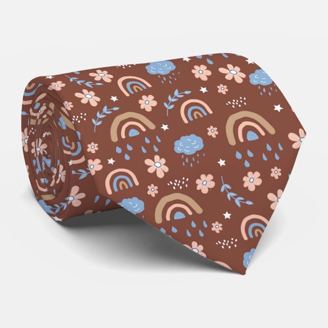 Cute rainbow cloud flower pattern neck tie (Rolled)