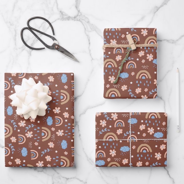 Cute rainbow cloud flower pattern wrapping paper sheets (Front)