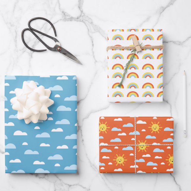 Cute Rainbow Clouds and Sunshine Wrapping Paper Sheets (Front)