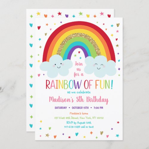 Cute Rainbow Clouds Birthday Invitation