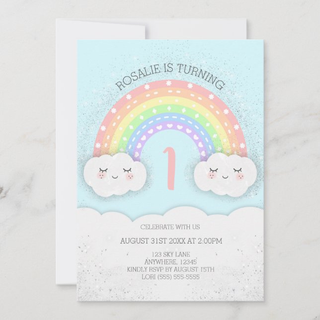 Cute Rainbow & Clouds Birthday Invitation | Blue (Front)