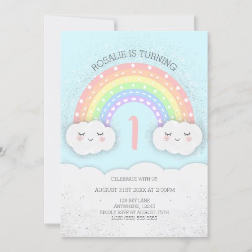 Cute Rainbow  Clouds Birthday Invitation  Blue
