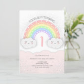 Cute Rainbow & Clouds Birthday Invitation | Pink (Standing Front)