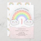 Cute Rainbow & Clouds Birthday Invitation | Pink (Front/Back)