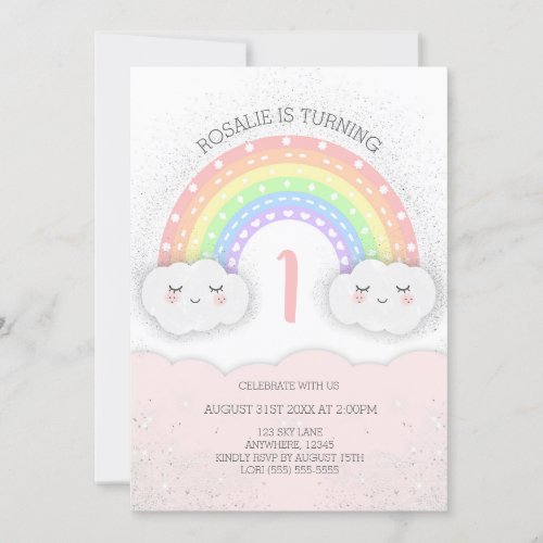 Cute Rainbow  Clouds Birthday Invitation  Pink
