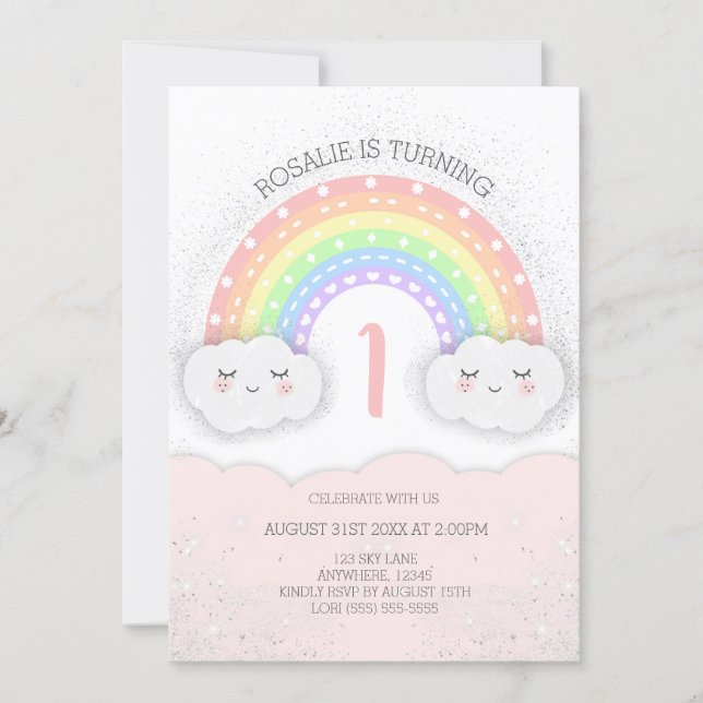 Cute Rainbow & Clouds Birthday Invitation | Pink (Front)