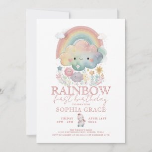 Cute Rainbow Clouds & Flowers Girl Birthday Invitation