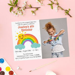 Cute Rainbow Clouds Kids Photo Birthday Invitation