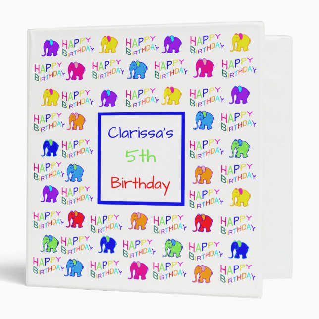 Cute Rainbow Color Cartoon Elephants Kid Birthday Binder (Front/Inside)