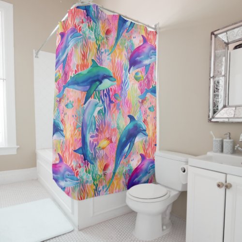Cute rainbow color dolphin pattern shower curtain