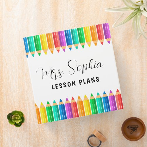 Cute Rainbow Color Pencils Personalized Teacher 3 Ring Binder