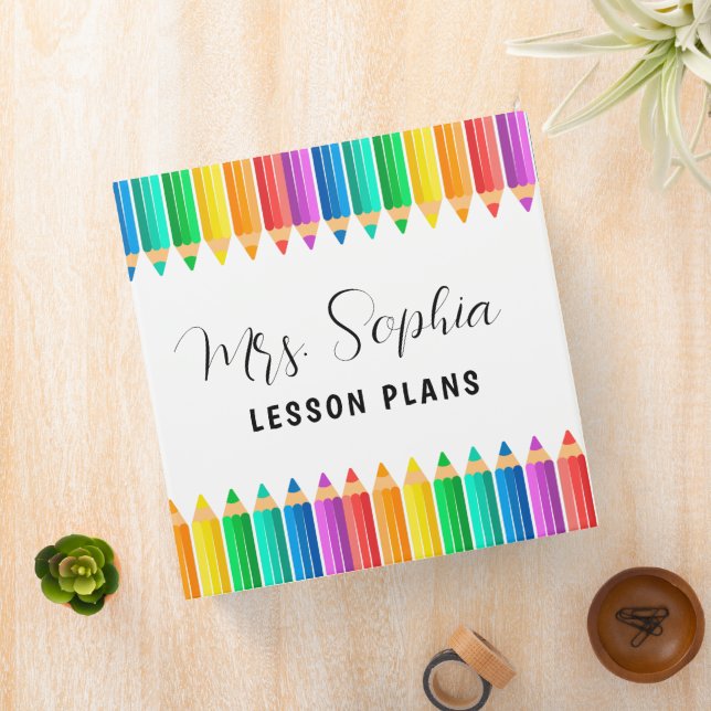 Cute Rainbow Color Pencils Personalized Teacher 3 Ring Binder (In Situ)