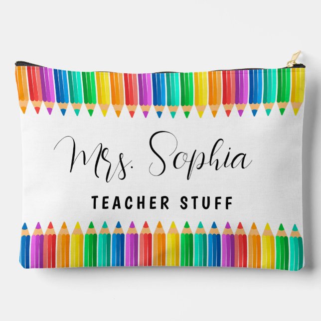Cute Rainbow Color Pencils Personalized Teacher Accessory Pouch (Back)
