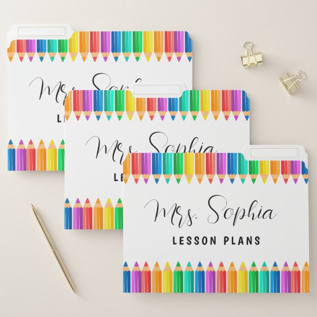 Cute Rainbow Color Pencils Personalized Teacher File Folder (Set)